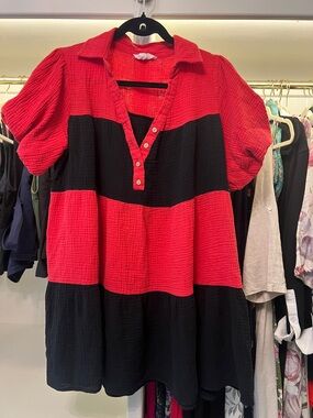 Peach love size small gauze cotton collar dress with pockets black and pink red
